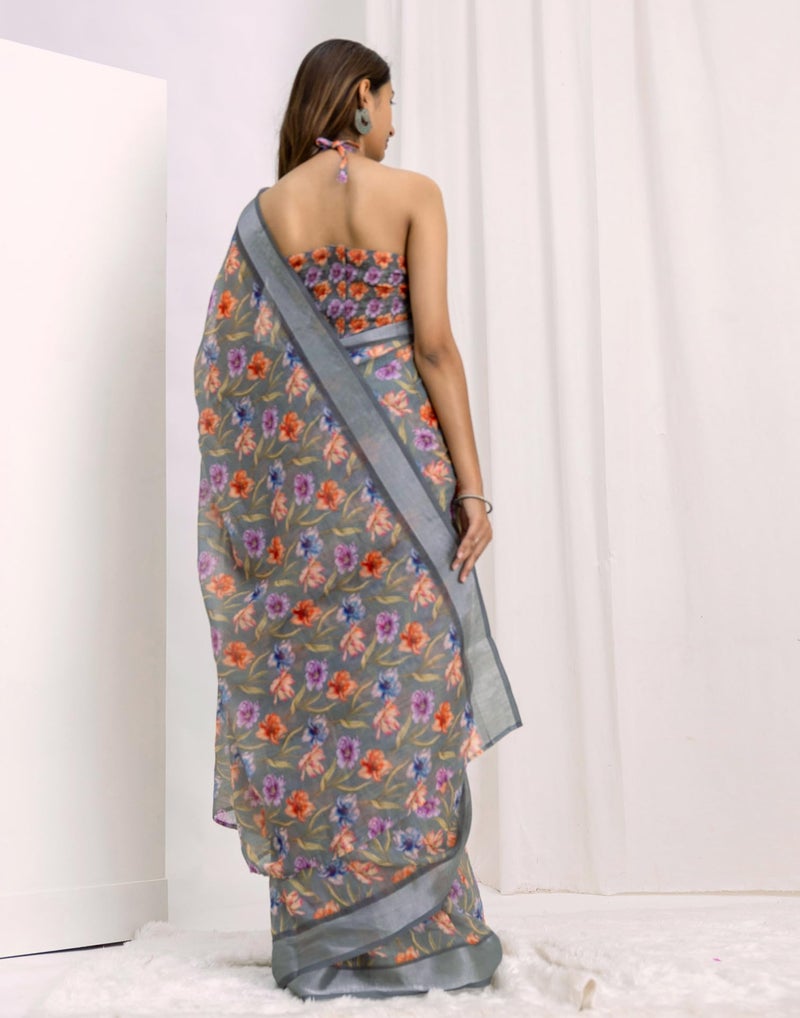 SIRIL Women's Cotton Linen Printed Ready To Wear Saree with Unstitched Blouse Piece (53RS126_Grey) - Image 4