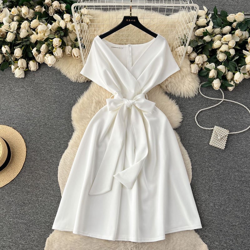 Elegant Cross-border Advanced Dining Party Gown Womens Summer Bow-designed Waist-fitted Niche Dress For Special Occasions Black  - Image 3