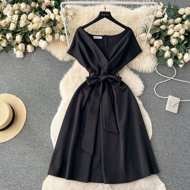 Elegant Cross-border Advanced Dining Party Gown Womens Summer Bow-designed Waist-fitted Niche Dress For Special Occasions Black  - Image 1