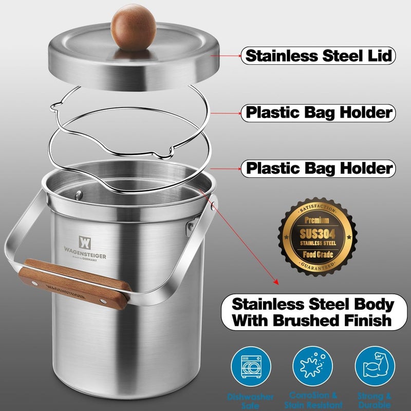 WAGENSTEIGER Kitchen Countertop Compost Bin 101ounces / 3Liters with Airtight Lid, SUS304 Stainless Steel Odor-Free Food Waste Bin with Wooden Handle Stylish Design/Bathroom Trash Can (Silver) - Image 5