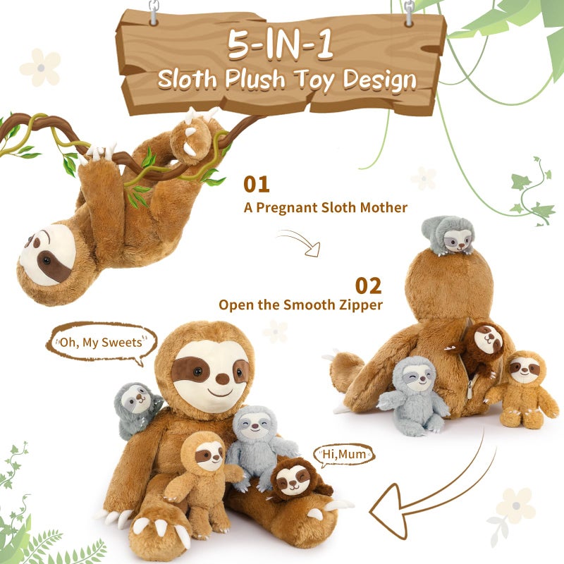 MaoGoLan Sloth Stuffed Animal Set,5 Pcs Sloth Plush Toy,Large Stuffed Mommy Sloth with Babies Sloth Toys Plushies, 3 Toed Sloth Stuffed Animal Bulk for Kids 22 inches - Image 5