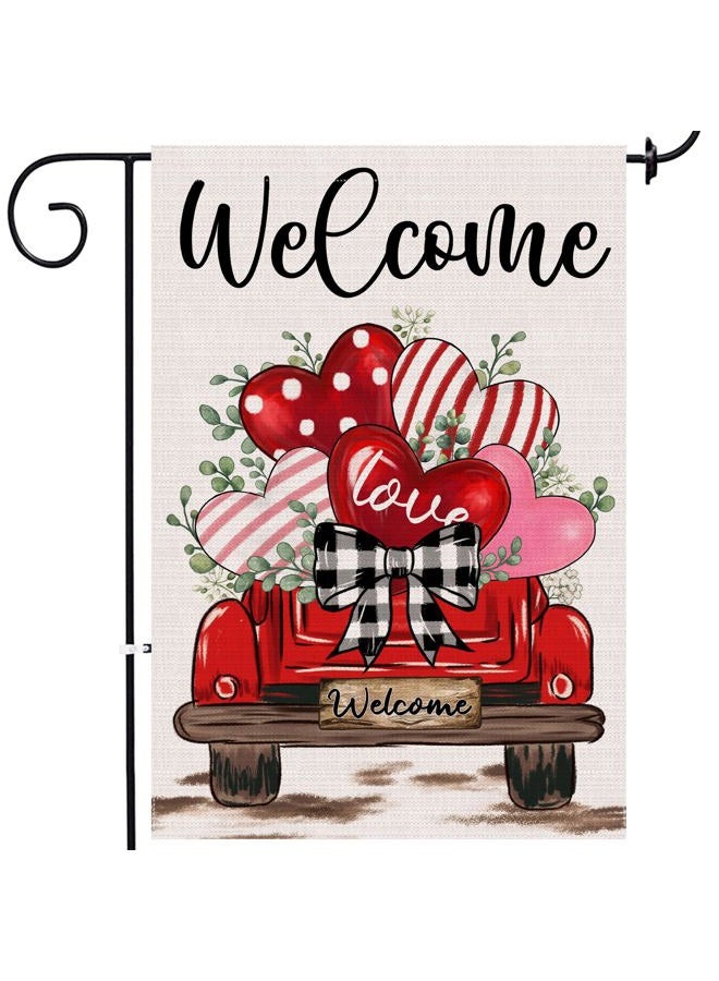 JNDJE Valentine's Day Garden Flag, Valentines Flag 12x18 Double Sided Decorations, Red Truck Small Flag for Outdoor - Image 1