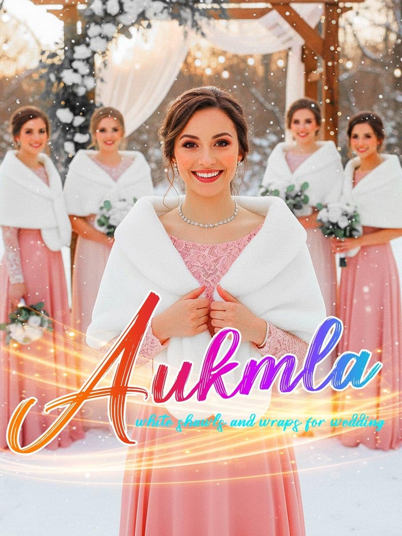 Aukmla شال أكملا النسائي الأبيض من الفرو الصناعي - لفات وشالات زفاف وفرو للعروس وصديقاتها (أبيض، مقاس أمريكي 4-14 (S-M)) - Image 3