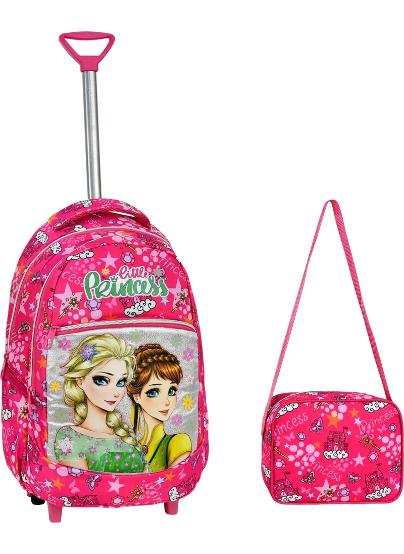 Çantaland Pink Frozen Patterned Primary School Bag with Trolley + Lunch Box