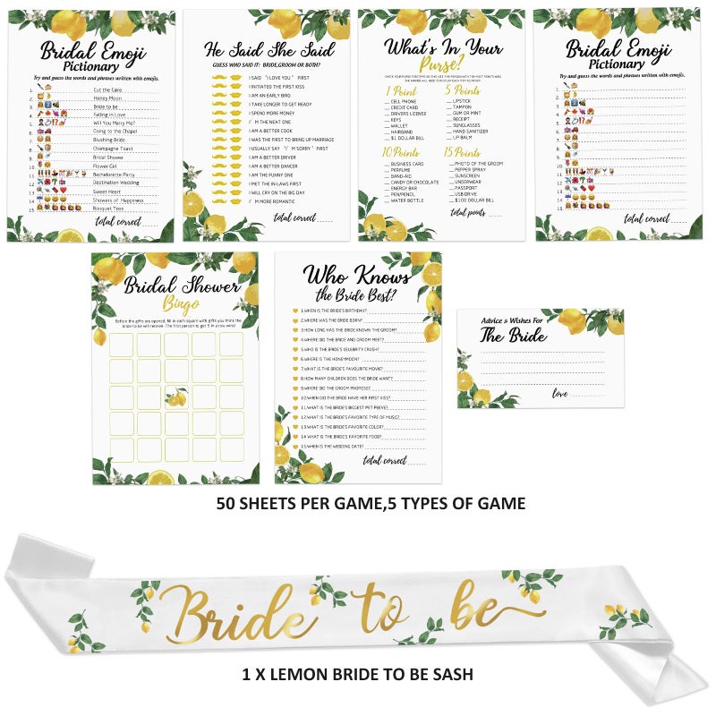 Bessmoso Lemon Bridal Shower Game with Bride to Be Sash-Set of 6 Activities Lemonade Bridal Shower Bachelorette Before Wedding for 50 Guests- 300 Cards 50 Per Game - Image 3