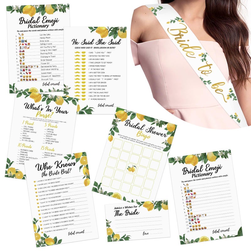 Bessmoso Lemon Bridal Shower Game with Bride to Be Sash-Set of 6 Activities Lemonade Bridal Shower Bachelorette Before Wedding for 50 Guests- 300 Cards 50 Per Game - Image 1
