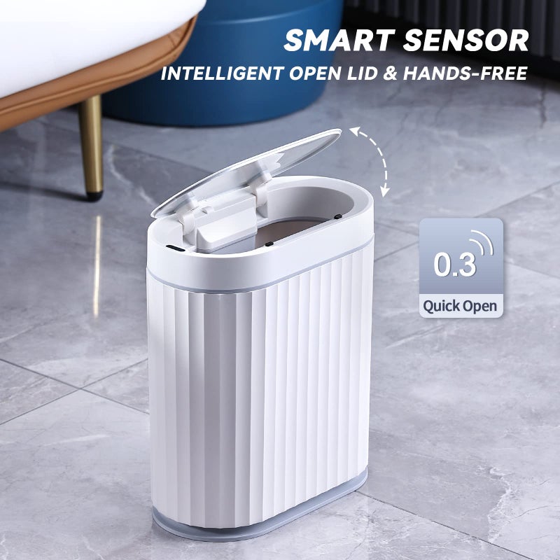 ELPHECO Bathroom Motion Sensor Trash can 2 Gallon Automatic Garbage Can, Slim Plastic Smart Trash Can with Lid, Commercial Intelligent Trash Bin for Bedroom, Bathroom, Office, White with Grey Trim - Image 4