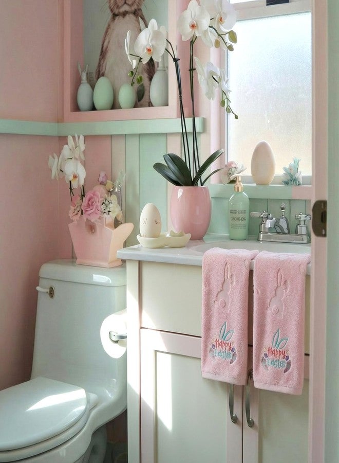 Gilprop 2 Pcs Easter Hand Towels for Bathroom Bunny Easter Bath Towels Pink 100% Cotton Jacquard Embroidered Decorative Gift Set Kitchen Decor Home Accessories - Image 5