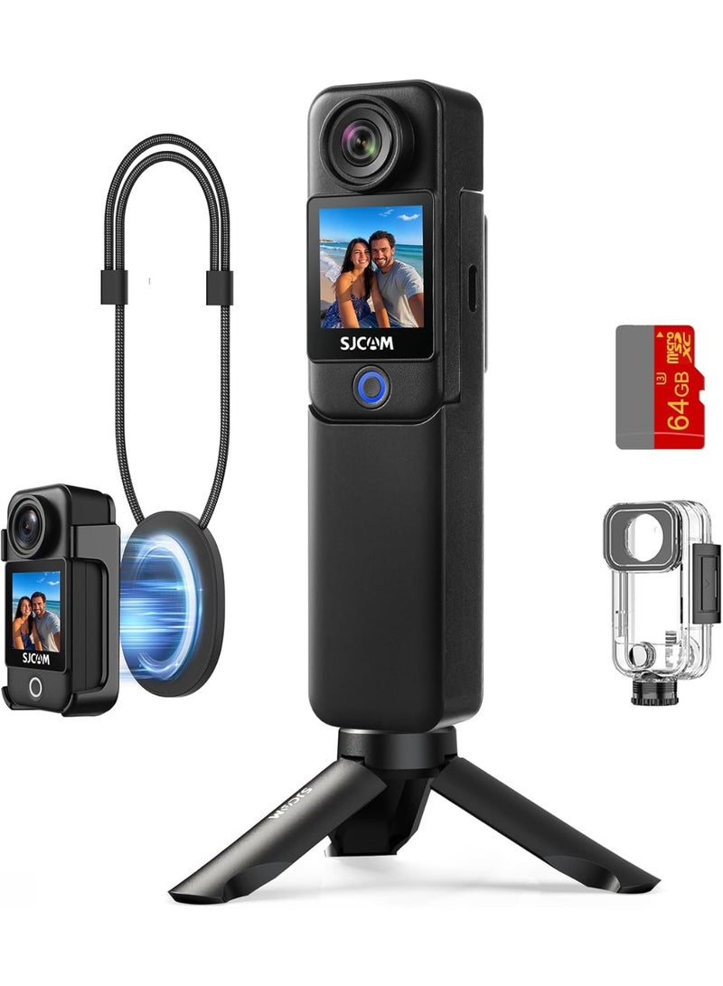 C300 Vlogging Combo, 4K Pocket Action Camera,7Hour Power,6-Axis Stabilization,Dual-Touch Screen 154° Wide FOV Video Body Camera,Waterproof,Live Streaming,with Tripod Kits,64G Card - Image 1