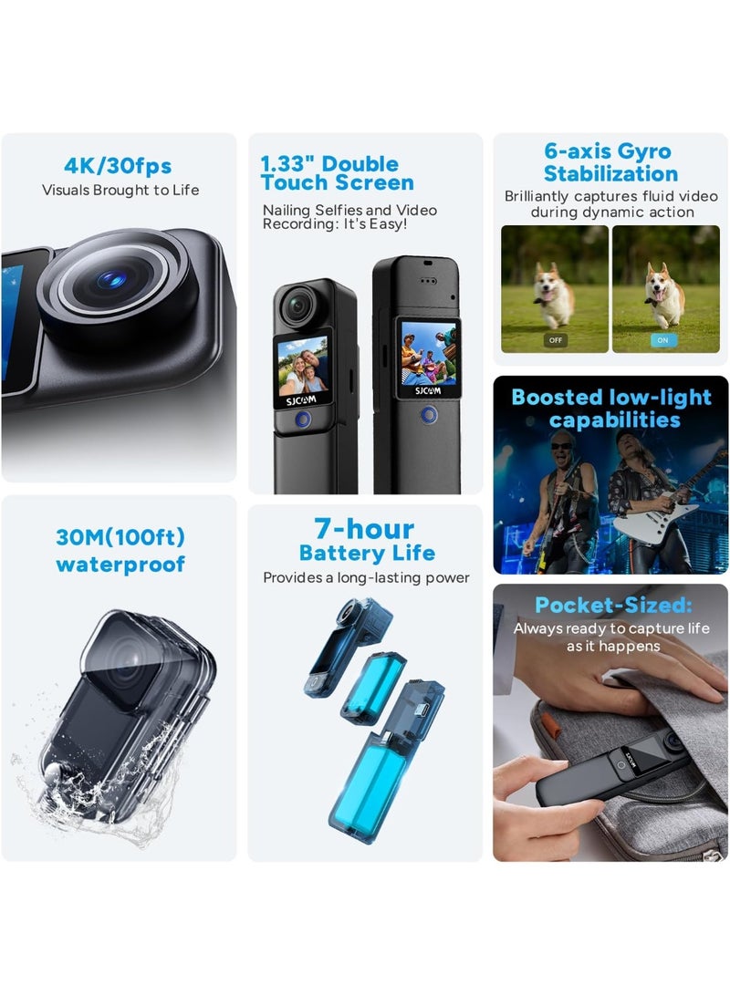 C300 Vlogging Combo, 4K Pocket Action Camera,7Hour Power,6-Axis Stabilization,Dual-Touch Screen 154° Wide FOV Video Body Camera,Waterproof,Live Streaming,with Tripod Kits,64G Card - Image 2