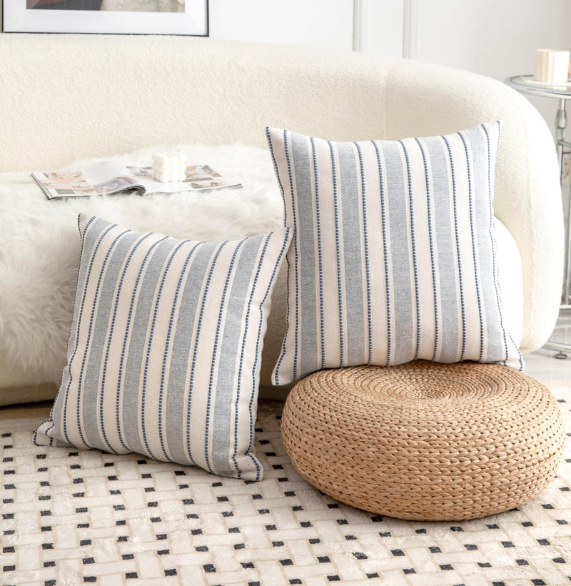 Cethom Decorative Boho Throw Pillow Covers, Farmhouse Textured Pillow Case, 18 x 18 Inch Set of 2, Chair Sofa Bedroom Living Room Home Decor Couch Cushion Case, Classic Blue and Beige Striped - Image 3