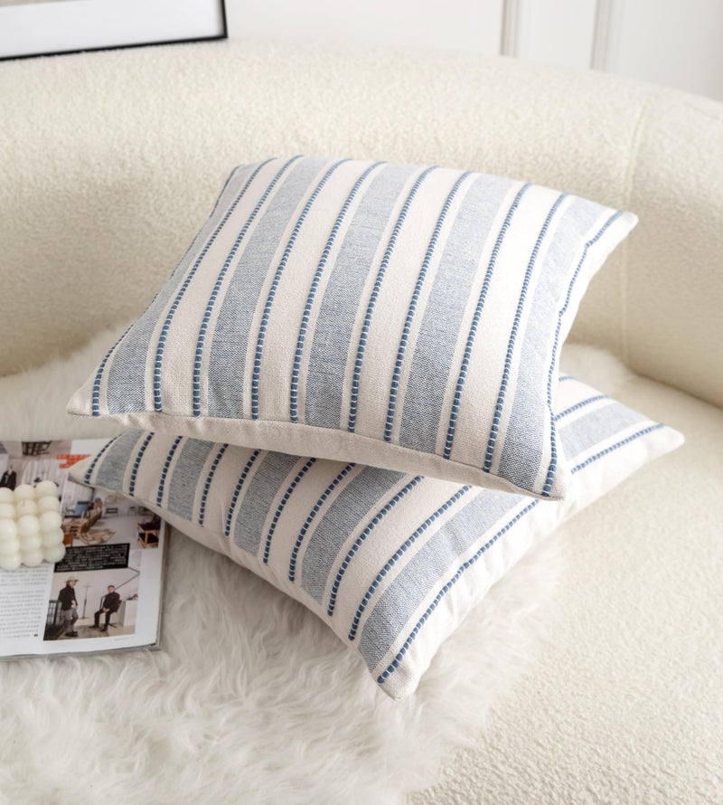 Cethom Decorative Boho Throw Pillow Covers, Farmhouse Textured Pillow Case, 18 x 18 Inch Set of 2, Chair Sofa Bedroom Living Room Home Decor Couch Cushion Case, Classic Blue and Beige Striped - Image 4