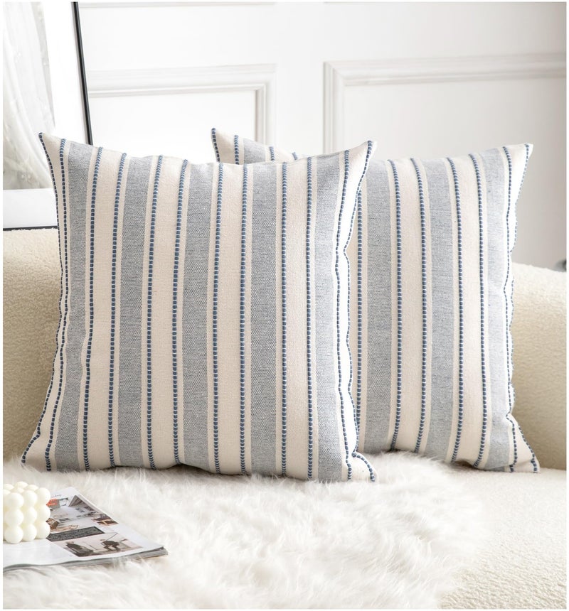 Cethom Decorative Boho Throw Pillow Covers, Farmhouse Textured Pillow Case, 18 x 18 Inch Set of 2, Chair Sofa Bedroom Living Room Home Decor Couch Cushion Case, Classic Blue and Beige Striped - Image 1