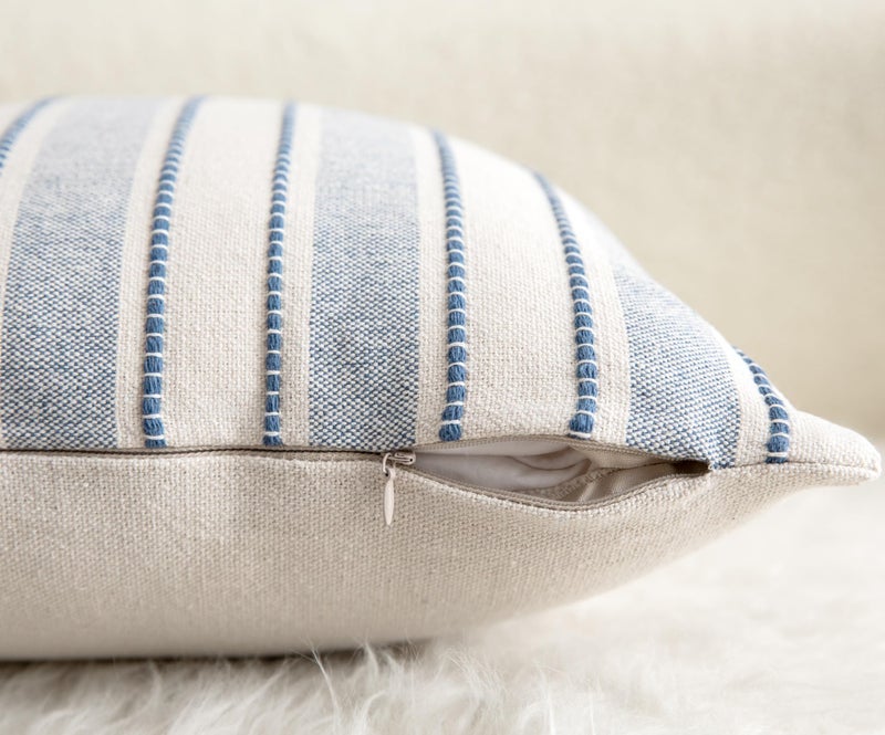 Cethom Decorative Boho Throw Pillow Covers, Farmhouse Textured Pillow Case, 18 x 18 Inch Set of 2, Chair Sofa Bedroom Living Room Home Decor Couch Cushion Case, Classic Blue and Beige Striped - Image 5