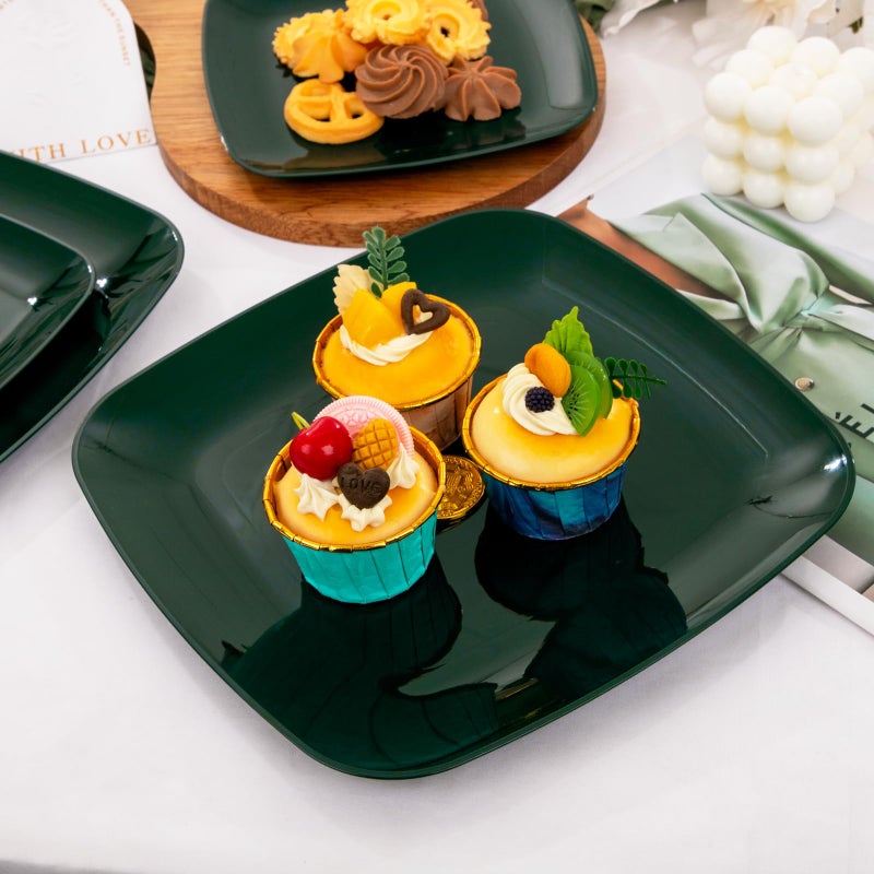 PULOTE 60PCS Green Square Plastic Plates - Green Disposable Plates for 30 Green Guests Include 30 Green Dinner Plates and 30 Dessert Plates for Party&Christmas - Image 4