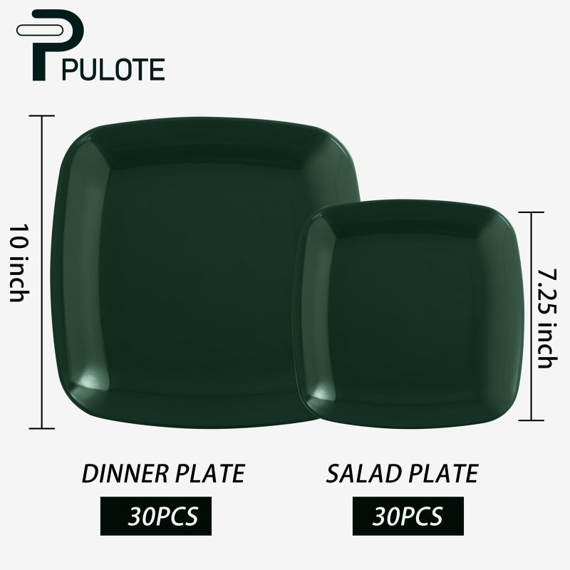 PULOTE 60PCS Green Square Plastic Plates - Green Disposable Plates for 30 Green Guests Include 30 Green Dinner Plates and 30 Dessert Plates for Party&Christmas - Image 1