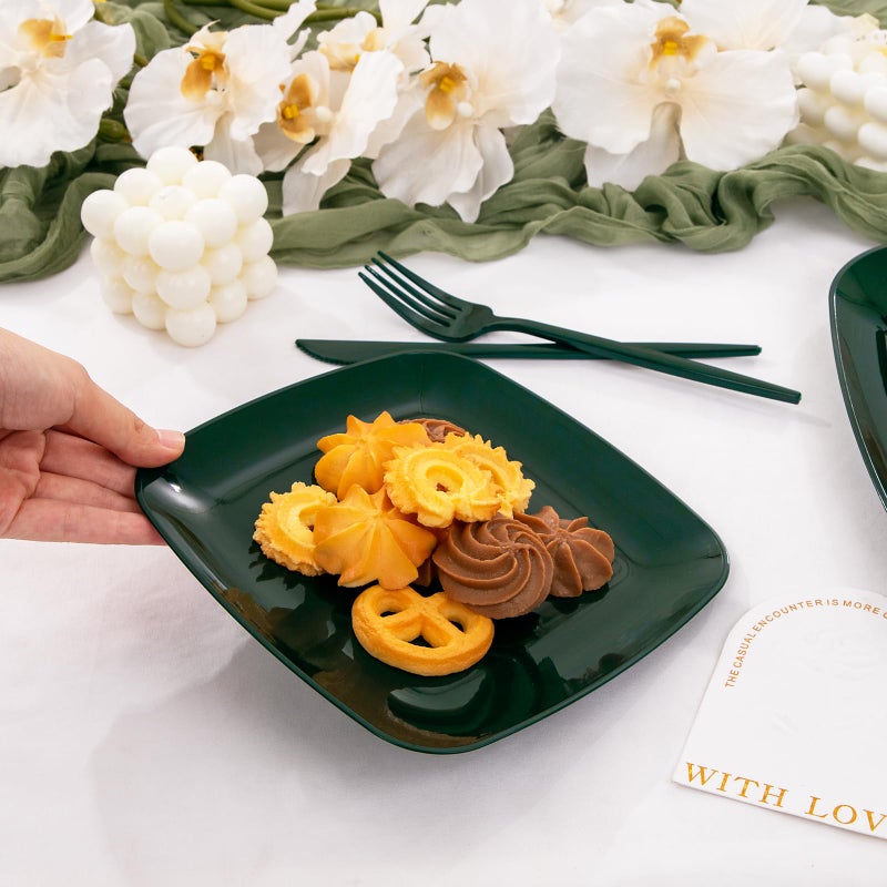 PULOTE 60PCS Green Square Plastic Plates - Green Disposable Plates for 30 Green Guests Include 30 Green Dinner Plates and 30 Dessert Plates for Party&Christmas - Image 3