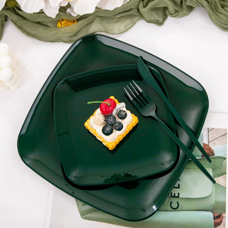 PULOTE 60PCS Green Square Plastic Plates - Green Disposable Plates for 30 Green Guests Include 30 Green Dinner Plates and 30 Dessert Plates for Party&Christmas - Image 2