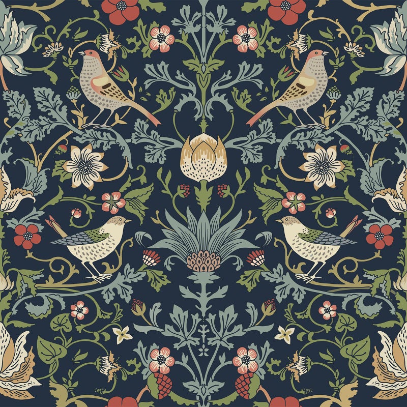 FunStick Navy Blue Floral Wallpaper Peel and Stick Vintage William Morris Green Leaf Bird Red Strawberry Victorian Wallpaper for Bathroom Waterproof Floral Contact Paper for Walls Cabinets 175x118