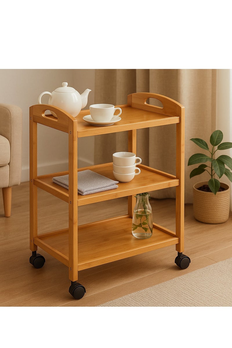 FFD Bamboo Kitchen Trolley Kitchen Storage Rack Serving Trolley Island Cart with Rotating Wheels Storage Shelf Rack with Wheels Storage Trolley Storage Shelf - Image 1