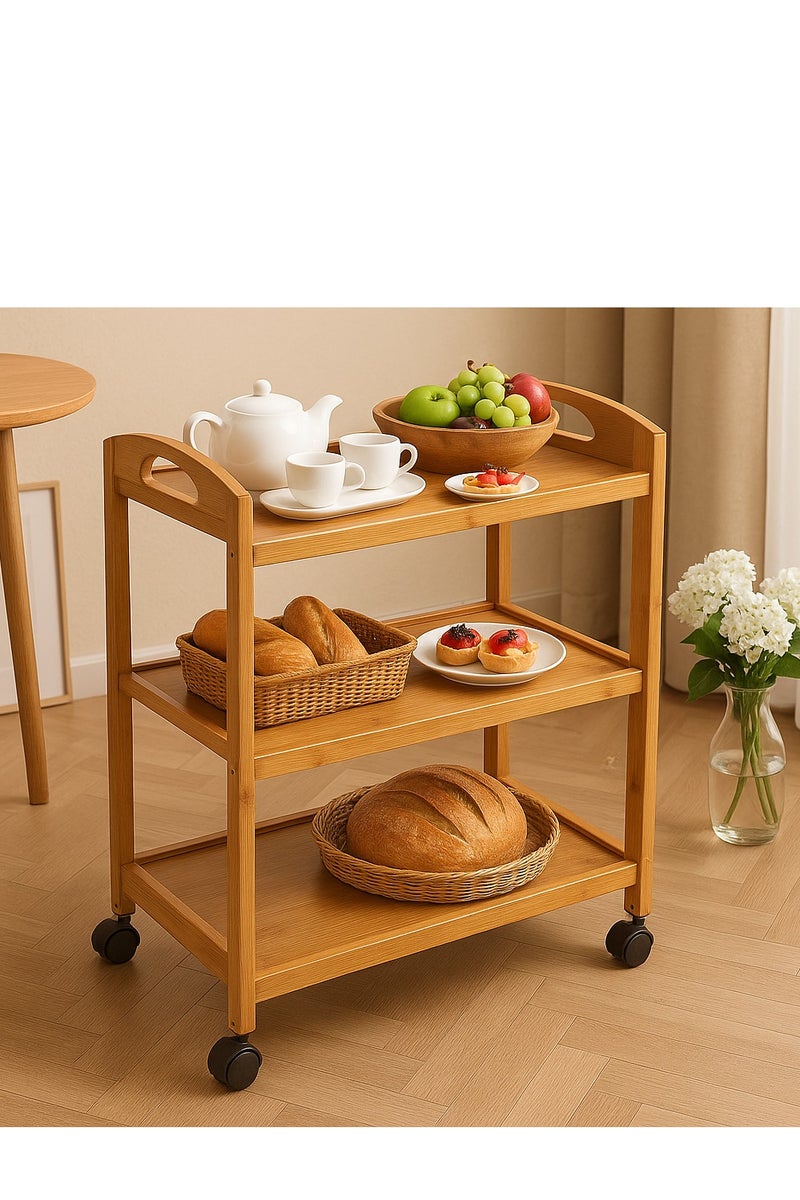 FFD Bamboo Kitchen Trolley Kitchen Storage Rack Serving Trolley Island Cart with Rotating Wheels Storage Shelf Rack with Wheels Storage Trolley Storage Shelf - Image 4