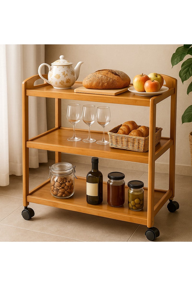 FFD Bamboo Kitchen Trolley Kitchen Storage Rack Serving Trolley Island Cart with Rotating Wheels Storage Shelf Rack with Wheels Storage Trolley Storage Shelf - Image 3