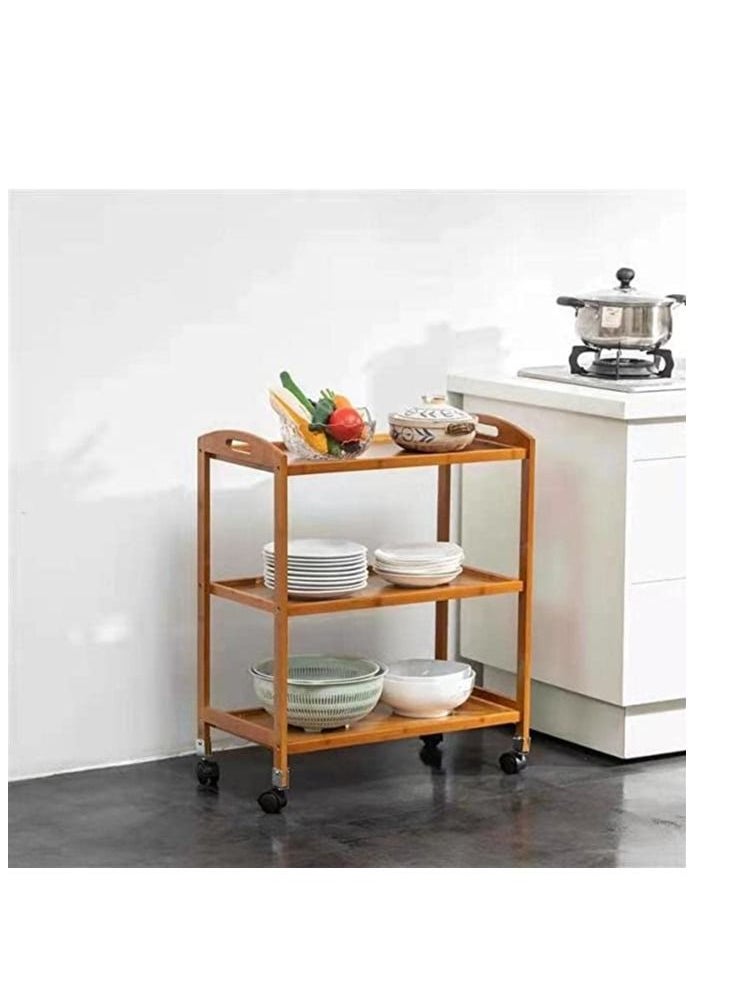 Generic FFD Bamboo Kitchen Trolley Kitchen Storage Rack Serving Trolley Island Cart with Rotating Wheels Storage Shelf Rack with Wheels Storage Trolley Storage Shelf  - Image 3