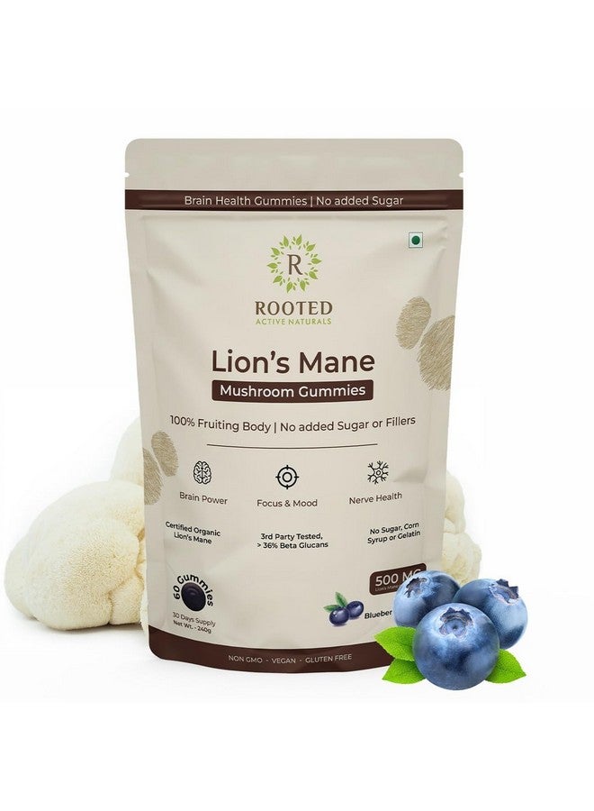 Rooted Active's Lion's Mane Mushroom Gummies, Blueberry Flavor - Mushroom Supplement Gummy for Adults & Children Supports Brain Health, Cognitive Function, Focus, Memory & Mood, 60 Gummies | Sugar Free - Image 1