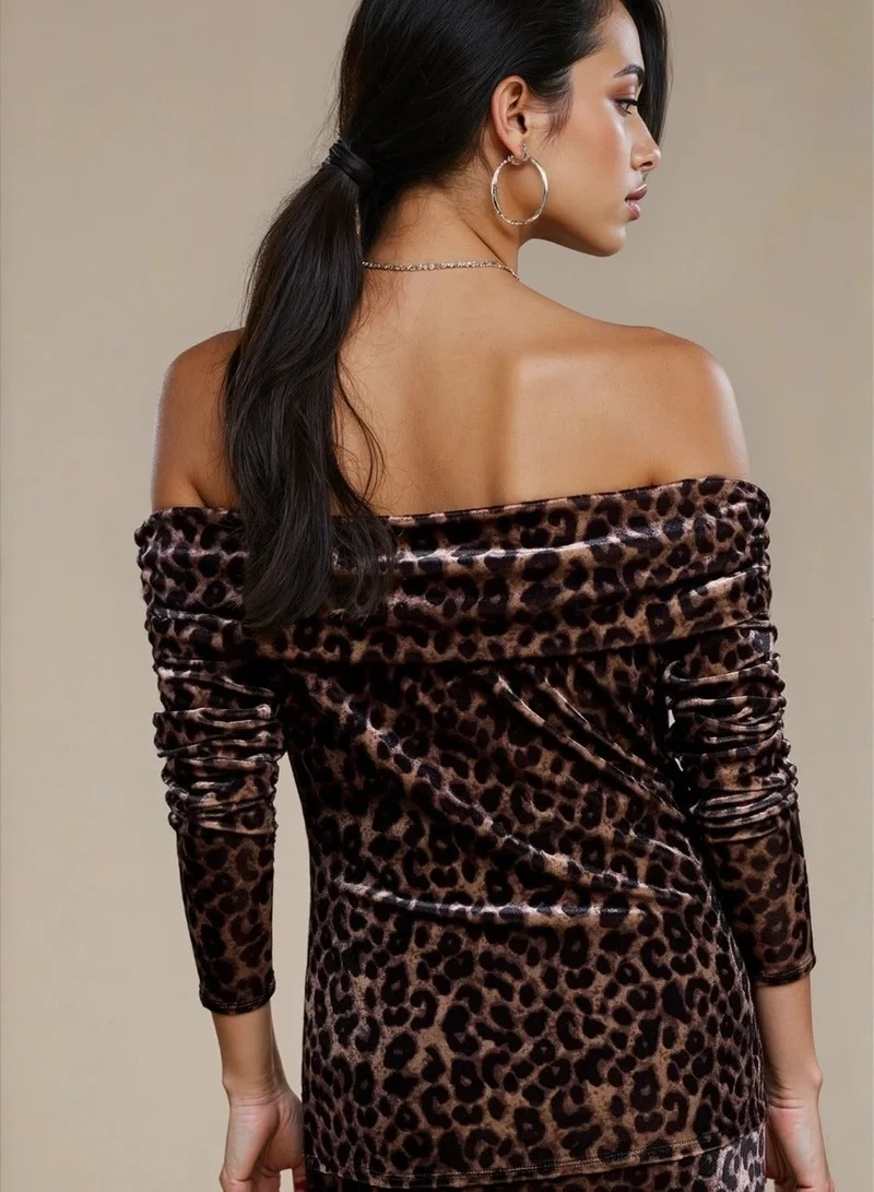 Little Mistress Leopard Print Velvet Bardot Top