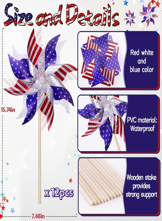 VEKDA Reflective Patriotic Pinwheels 4th of July Decorations 12 Pack Red White and Blue Windmills Decorations Wind Spinners for Yard Garden,Independence Day, Memorial Day - Image 2