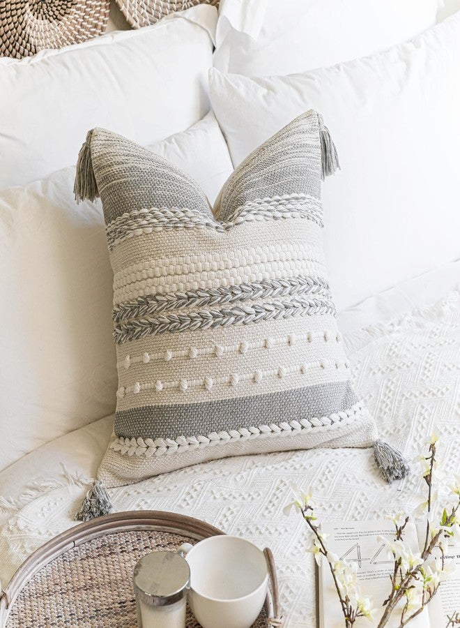 BlissBlush Gray Boho Decorative Throw Pillow Cover 20x20 Square Farmhouse Accent Cushion for Couch Sofa Livingroom Bedroom Pillowcase Modern Home Décor (Pack of 1) - Image 3