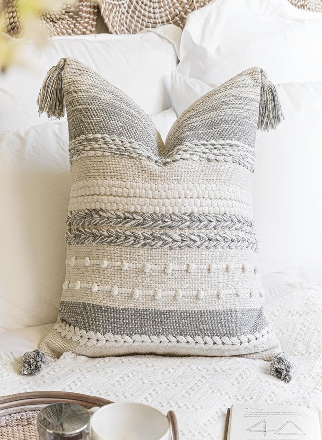 BlissBlush Gray Boho Decorative Throw Pillow Cover 20x20 Square Farmhouse Accent Cushion for Couch Sofa Livingroom Bedroom Pillowcase Modern Home Décor (Pack of 1) - Image 1