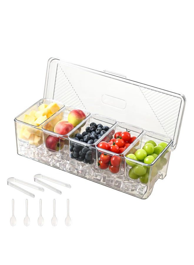 Uni HIMO Large Chilled Condiment Caddy,Stackable Chilled Condiment Containers Server with Lids for 5 Removable Compartments (1, Transparent, 5 Containers 1 Lid) - Image 1