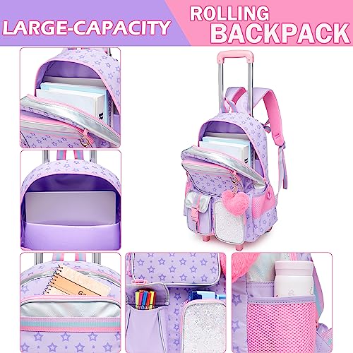 Meetbelify Girls Rolling Backpack with Wheels - Cute Kawaii Carry On Backpack for Elementary Students - Purple - Image 4