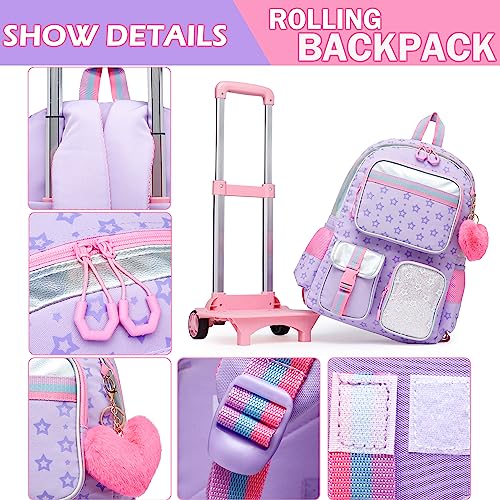 Meetbelify Girls Rolling Backpack with Wheels - Cute Kawaii Carry On Backpack for Elementary Students - Purple - Image 5