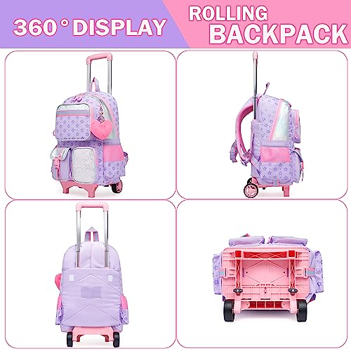 Meetbelify Girls Rolling Backpack with Wheels - Cute Kawaii Carry On Backpack for Elementary Students - Purple - Image 3