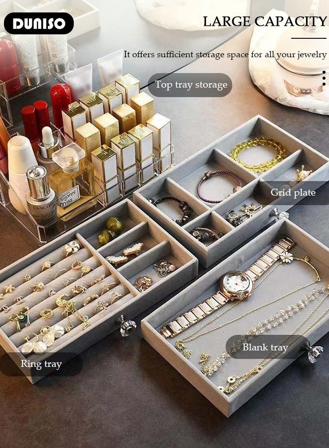 DUNISO Multi-function Jewelry Organizer Box with Tissue Box, 3 Drawers Clear Anti-oxidation Jewelry Boxes with Lipstick Makeup Brush Tray Top, Detachable Velvet Jewelry Display Case for Earring, Bangle, Bracelet, Necklace and Cosmetic - Image 5
