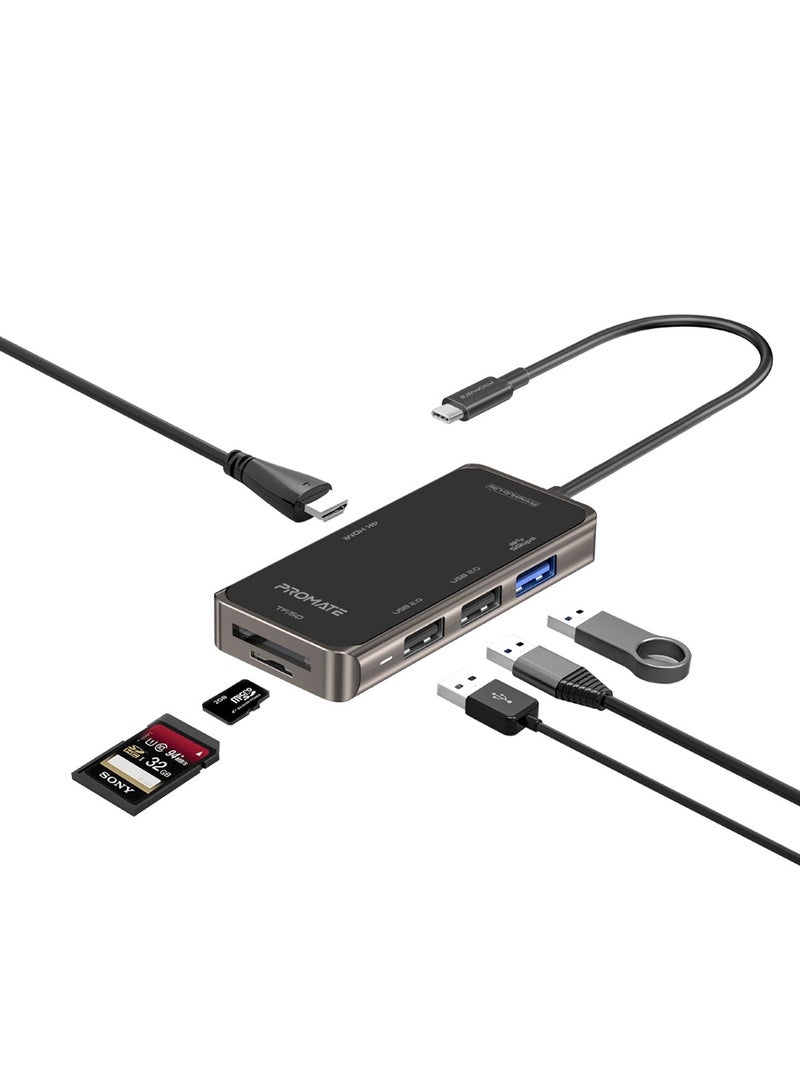 PROMATE USB-C HDMI Adapter with TF/SD Card Slot, 3 USB, Sync Charge USB-C Port, PrimeHub-Lite Black - Image 1