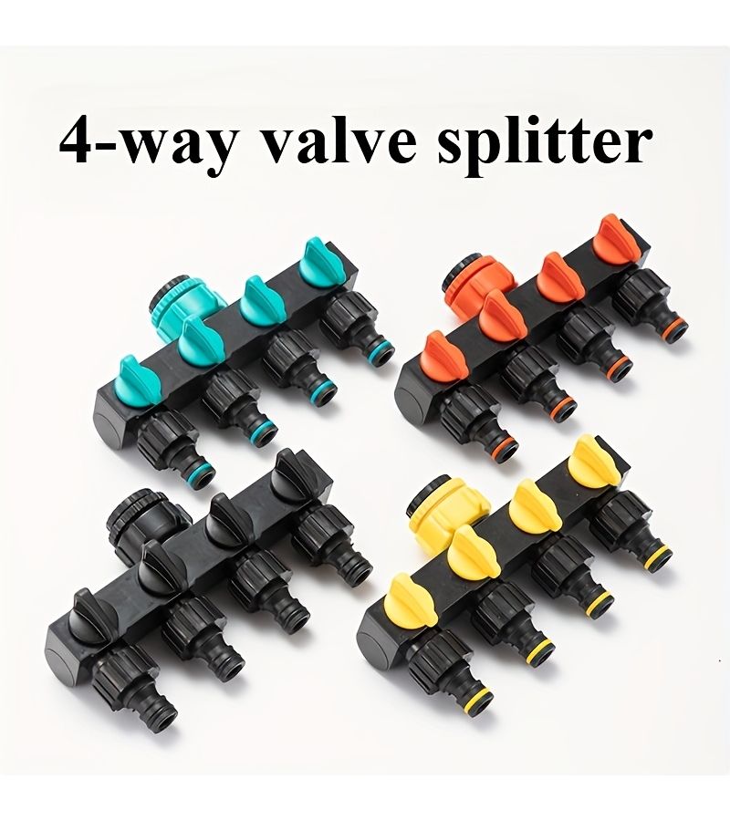Yellow Heavy Duty Garden Hose Splitter 4 Way with Independent Shut Off Valves - Image 1