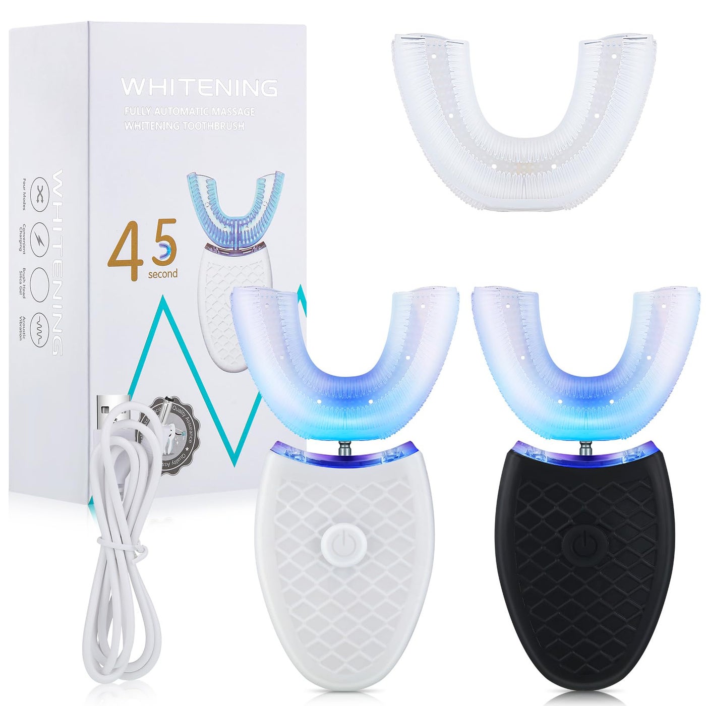 Romooa 2 Pieces Ultrasonic Electric Toothbrush Adults U Shaped Automatic Toothbrushes for Teeth Whitening 3 Brush Heads Whole Mouth 360 Degree Cleaning Hands Rechargeable IPX7 Waterproof No Base