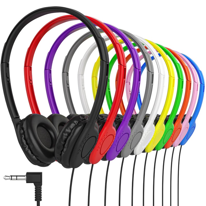 Maeline Bulk Headphones On-Ear Wired Headphones Adjustable Headband with Soft Faux Leather Cushions for School Classrooms, Libraries, Travel - 3.5mm Plug - 10 Pack - Multicolor - Image 1