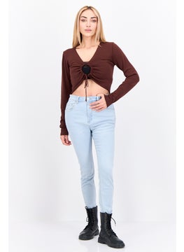 MANGO Women Keyhole Neckline Long Sleeve Solid Top, Brown  - Image 4