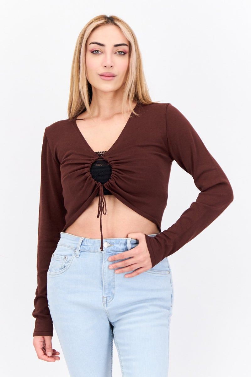 MANGO بلوزة نسائية بأكمام طويلة وياقة مفتوحة، بني - Image 1