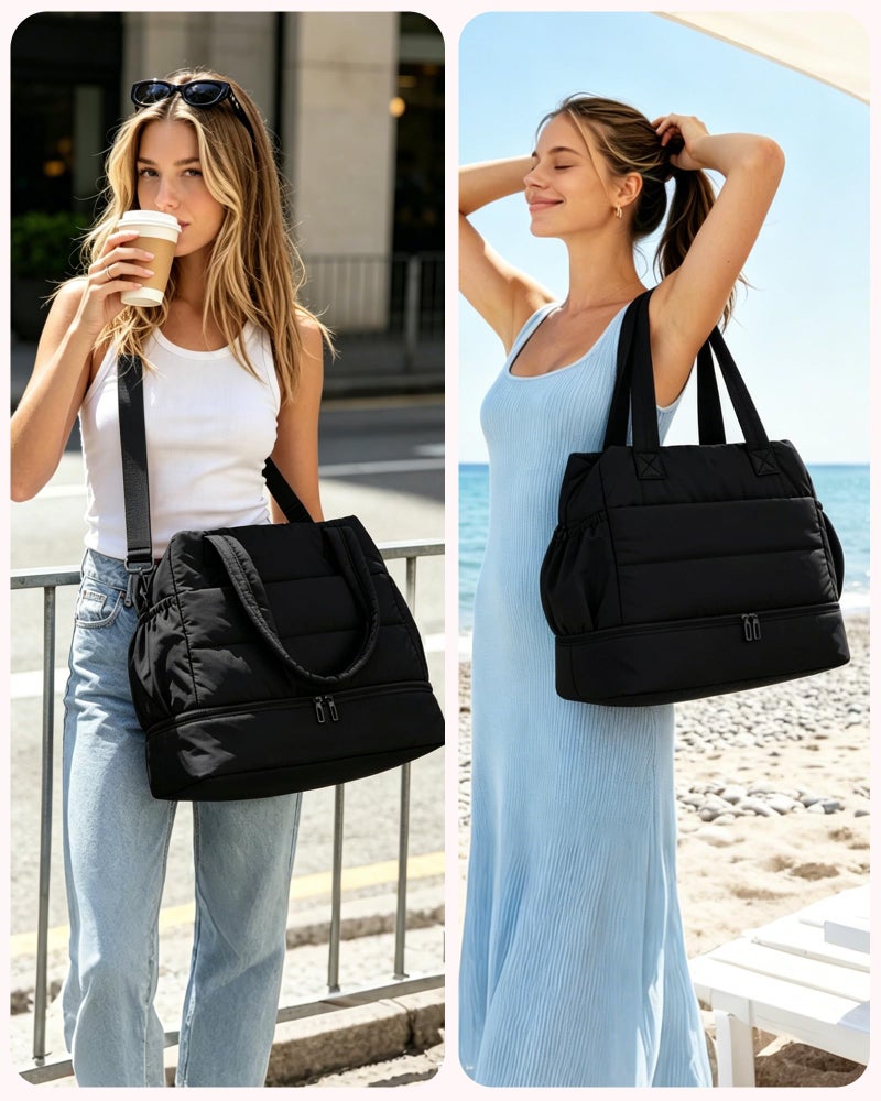 OYLOLA Gym Bag for Women Travel Bag Puffer Duffle Bags Large Carry On Weekender Bags Lightweight Overnight Bag for Women Nurse Bag with Shoes Compartment (Black) - Image 2