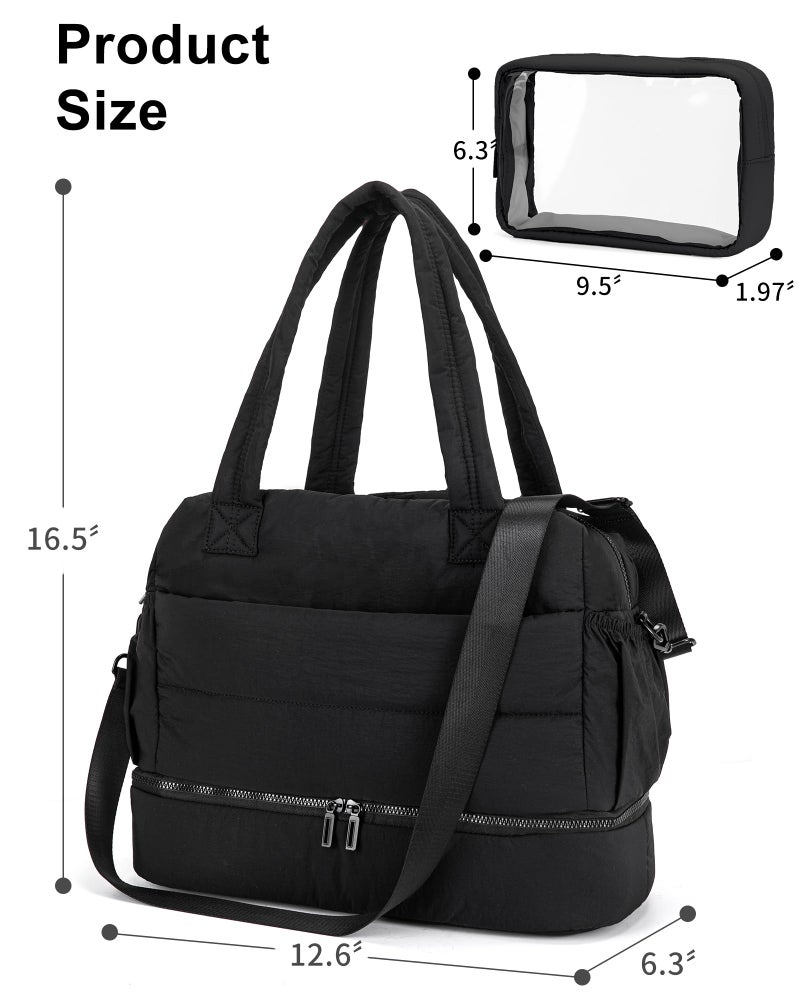OYLOLA Gym Bag for Women Travel Bag Puffer Duffle Bags Large Carry On Weekender Bags Lightweight Overnight Bag for Women Nurse Bag with Shoes Compartment (Black) - Image 3