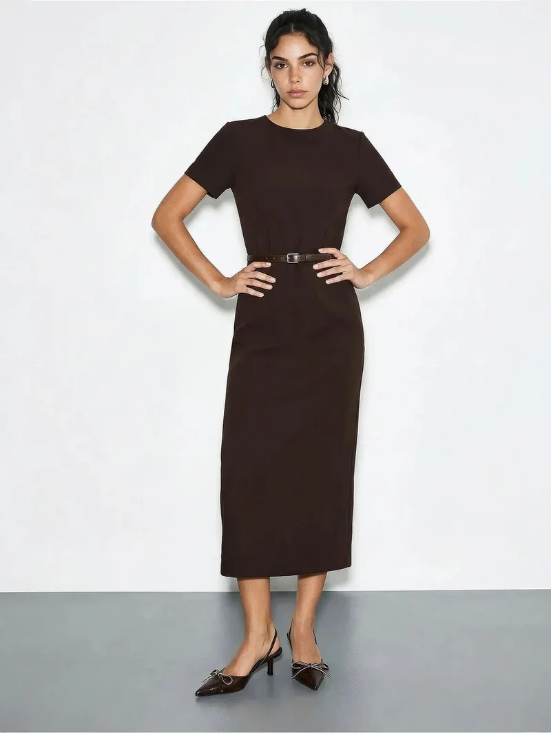 بيانكو لوتشي LUCCI Belted Midi Dress with Crew Neck