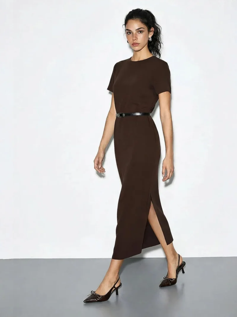 بيانكو لوتشي LUCCI Belted Midi Dress with Crew Neck