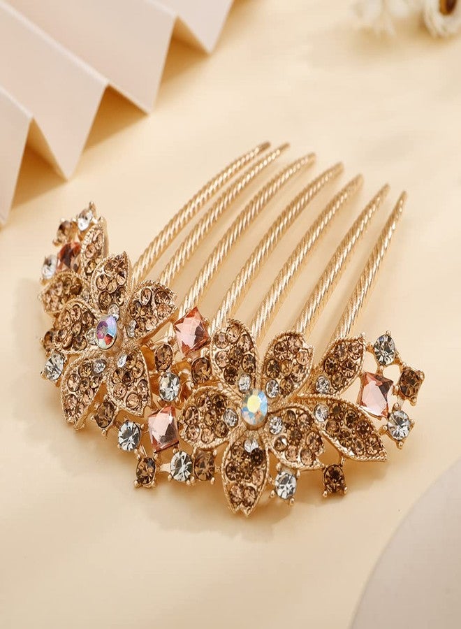 Jumwrit Crystal Bride Wedding Comb - Colorful Rhinestone Flower Hair Clip Comb, Big Floral Vintage Bridesmaid Headpiece, Bridal Hair Jewelry for Women Girls (Champagne) - Image 4