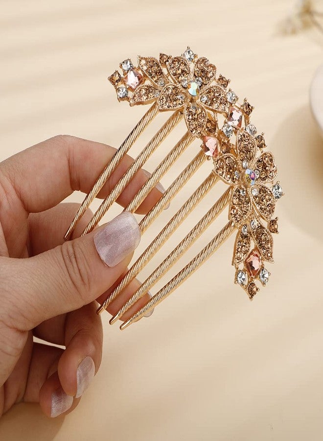 Jumwrit Crystal Bride Wedding Comb - Colorful Rhinestone Flower Hair Clip Comb, Big Floral Vintage Bridesmaid Headpiece, Bridal Hair Jewelry for Women Girls (Champagne) - Image 2