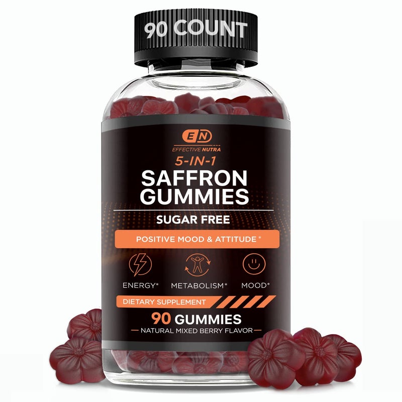 Effective Nutra EFFECTIVE NUTRA Saffron Gummies SugarFree Supplement with Vitamin D2 Passion Flower St Johns Wort GABA Positive Mood Digestion Energy Natural Berry Flavor Made in USA 90 Count